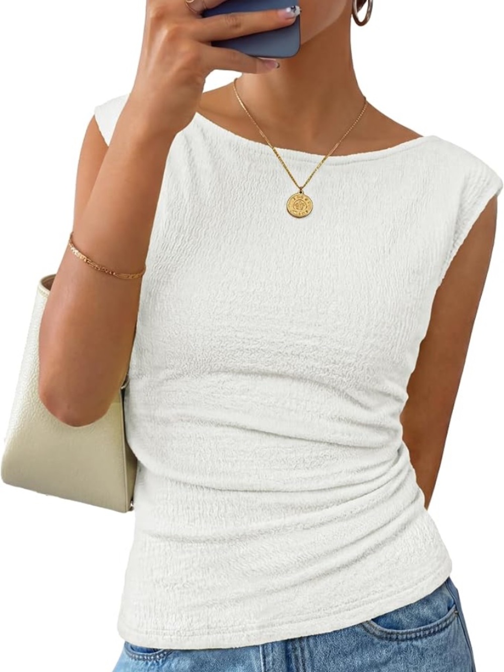 NWT White Textured Boat Neck Ruched Top – L